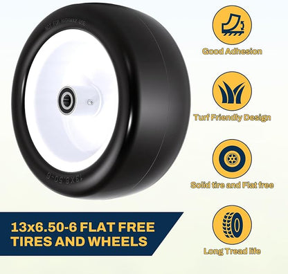 13x6.50-6 Flat Free Lawn Mower Tires and Wheels, 1/2" 3/4" 5/8" Ball Bearings, 13x6.5-6 Solid Front Tire for Zero Turn Lawnmower, Smooth Tires for Commercial Grade Lawn, 5.5"-7.5" Centered Hub, 2 Pack