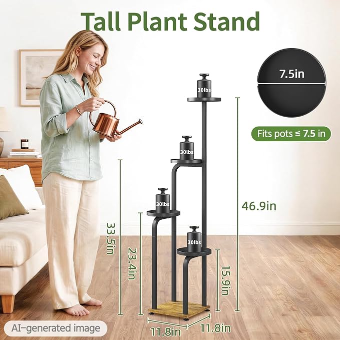 LASZOLA 5 Tiered Plant Stand Tall for Indoor Corner, Modern Multiple Flower Display Rack with Metal Tray, Vertical Planter Shelf for Living Room Bedroom Patio Garden Balcony, Black