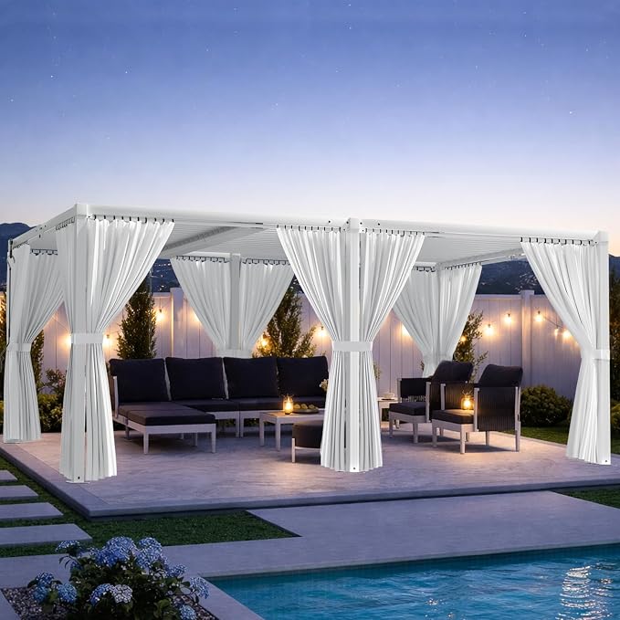 Louvered Pergola 12' x 20' with Waterproof Curtains, Large Outdoor Aluminum Pergola with Reinforced Steel Roof, Heavy-Duty Hardtop Gazebo, Privacy Shaded Shelter, White