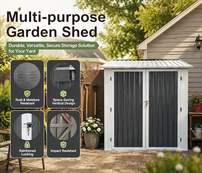 6x9 FT Outdoor Storage Shed with 2 Clear Openable Windows,Waterproof Metal Building Backyard Shed w/Windowsill & Garden Bed Flower Rack,Lockable Double Doors Tool Shed,for Yard,Coal Gray