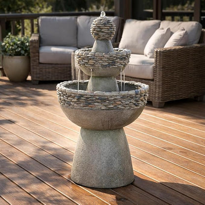 Teamson Home 36.5 in. Outdoor 3-Tier Zen-Style Pedestal Water Fountain in. with Stone Trim with Pump and 2.64 Gallon Capacity, Stone Gray | 3-Tier Garden Fountain, Stone Look, With Pump, Pedestal Waterfall Feature