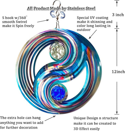 FONMY Mandala Wind Spinner w/Crystal Ball-Fengshui 3D Stainless Steel Hanging Spinners Worth Gift Christmas Decoration Indoor/Outdoor Garden Décor Kinetic Yard Art 12 Inches Wind Sculpture
