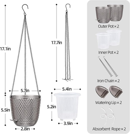 QCQHDU 5.7 Inch 2 Pack Small Hanging Planters for Indoor Outdoor Plants,Self Watering Flower Pots Hanging Basket Plant Hanger with Drainage Holes and 3 Hooks for Window Porch Garden Balcony, (Grey)