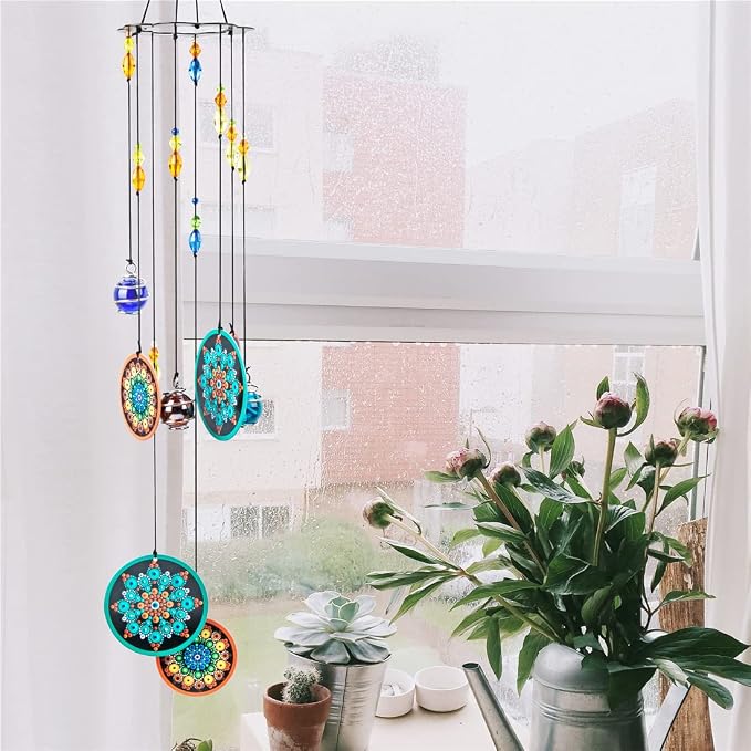 YU FENG 23.5 Inch Metal Flower Wind Chimes, Boho Window Hanging Decor | Chakra Glass Beaded Design, Colorful Mosaic Ornament, Spiritual Hanging Decoration for Patio Garden Home Window