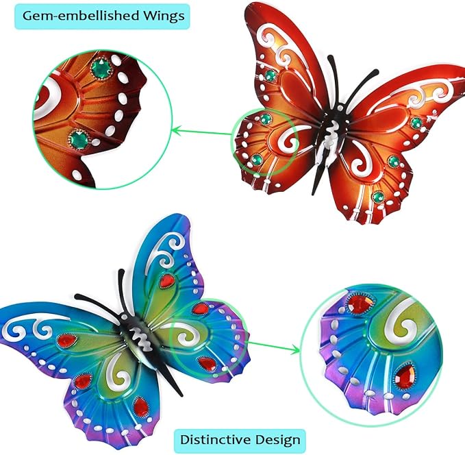 2 Pack Butterfly Decorations, 14.5" Large Metal Butterflies Fence Garden Yard Art Wall Decor for Outdoor Patio Balcony Tree Front Porch, Vibrant Colors Blue Red