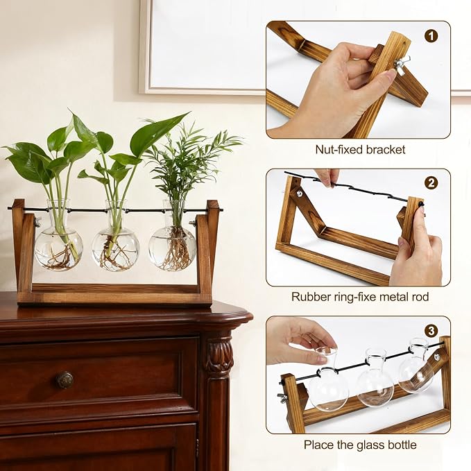Renmxj Plant Propagation Station, Plant Terrarium with Wooden Stand | Unique Gardening Birthday Gifts for Women Plants Lovers, Home Office Garden Decor Planter - 3 Bulb Glass Vases