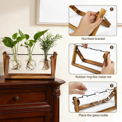 Renmxj Plant Propagation Station, Plant Terrarium with Wooden Stand | Unique Gardening Birthday Gifts for Women Plants Lovers, Home Office Garden Decor Planter - 3 Bulb Glass Vases
