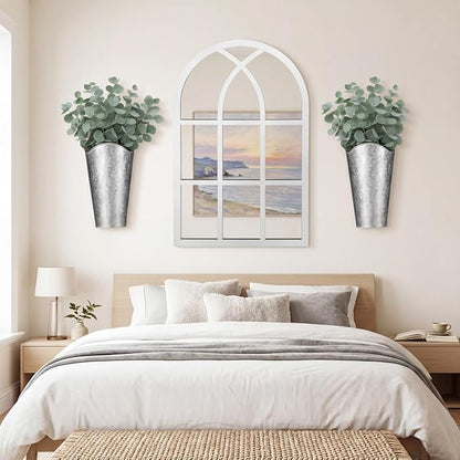 Chunful 3 Pcs Farmhouse Wall Decoration, Includes Self Adhesive Arched Acrylic Mirror and 2 Galvanized Planters, Farmhouse Mirrors with Wooden Frame Metal Tin Vases for Home Bedroom Living Room