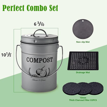 AOSION 1 Gallon Countertop Compost Bin for Kitchen with Lid,Odor Resistant | Farmhouse compost bin with charcoal filter,inner bucket and bags,easy kitchen food waste storage