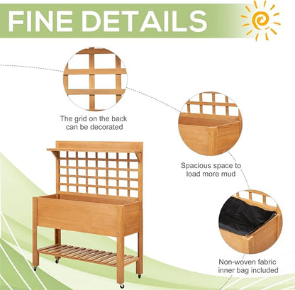 Outsunny 41" Raised Garden Bed with Trellis on Wheels, Wooden Elevated Planter Box with Legs and Bed Liner, for Flowers, Herbs & Vegetables, Brown
