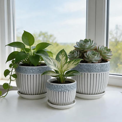 Vintage Flower Pots for Indoor Plant, Round Ceramic Plant Pots with Drainage Holes and Saucers, 6.7/5.2/3.9 Inches Retro Flower Planters Set of 3