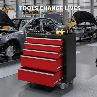 Garvee Rolling Tool Chest, 5 Drawers Tool Storage Cabinet, Toolbox with Wheels, Portable Tool Cabinet Organizer with Locking System & Drawer Liners, Tool Storage Cart for Garage, Workshop, Black＆Red