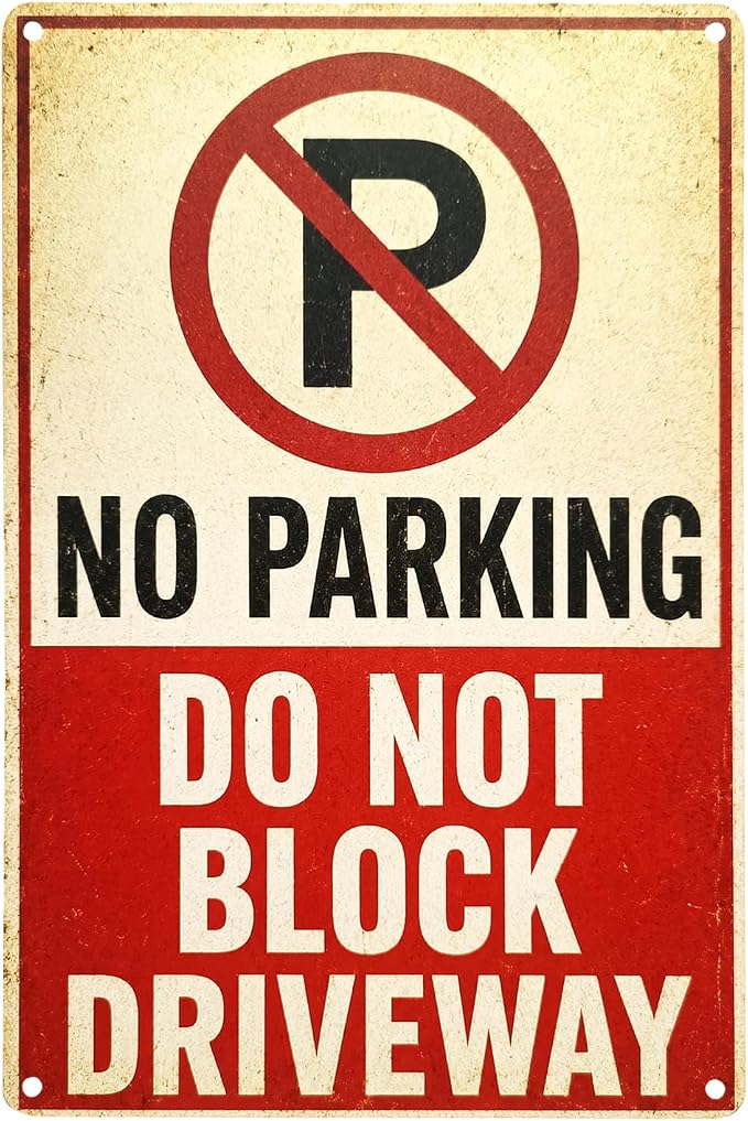 No Parking Tin Sign, 12 x 8 Inch Do Not Block Driveway Aluminum Metal Wall Decor, Vintage Parking Notice for Garage, Gate, Fence, Carport