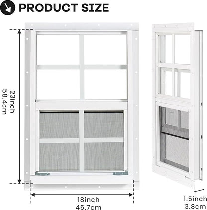 Shed Windows 2 Pack, Chicken Coop Windows 18" x 23" White | Flush Mounted Small Windows with Tempered Glass and Fiberglass Screen for Shed, Barns, Playhouse, Household, Garage