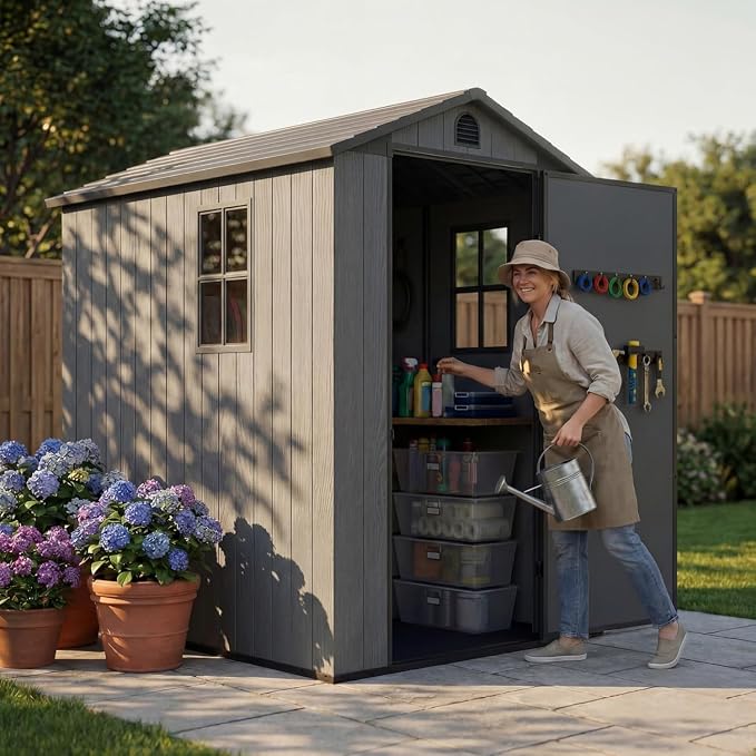Devoko 4×6 FT Resin Storage Sheds with Floor, Plastic Outdoor Garden Shed with Windows and Lockable Doors, Waterproof Outside Tool Sheds for Patio Backyard Lawn, Dark Gray