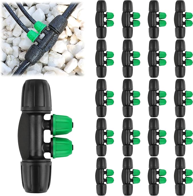 Kalolary 20PCS Locked Barbed Tee Connectors, 5/16" to 1/4" Drip Irrigation Fittings Kit 8/12mm to 4/7mm Tube Lock Female Connector 4-Way Barbed Lock Irrigation Parts for Watering System (Black Green)