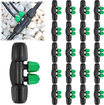 Kalolary 20PCS Locked Barbed Tee Connectors, 5/16" to 1/4" Drip Irrigation Fittings Kit 8/12mm to 4/7mm Tube Lock Female Connector 4-Way Barbed Lock Irrigation Parts for Watering System (Black Green)