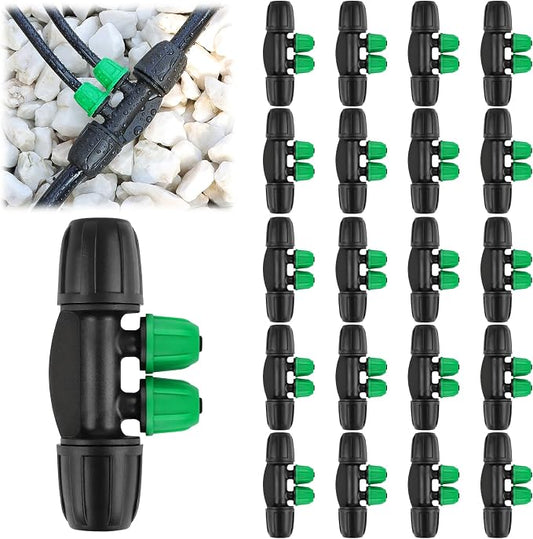 Kalolary 20PCS Locked Barbed Tee Connectors, 5/16" to 1/4" Drip Irrigation Fittings Kit 8/12mm to 4/7mm Tube Lock Female Connector 4-Way Barbed Lock Irrigation Parts for Watering System (Black Green)