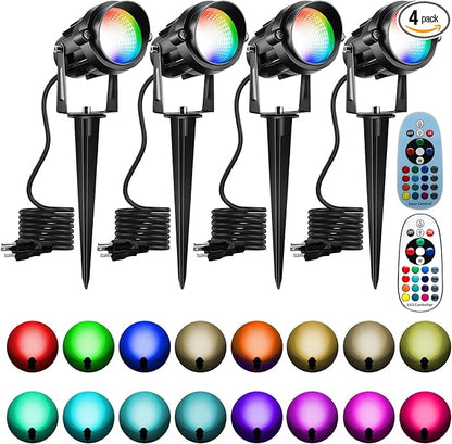 12W RGBW Landscape Spotlights, Color Changing Lights with Remote | 16 colors with warm white, waterproof memory recall and plug-in setup for vibrant year-round landscape lighting