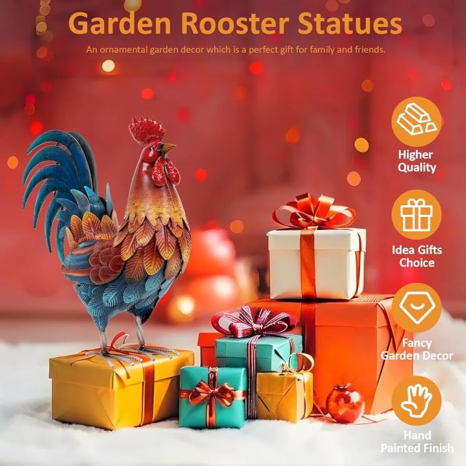 Kircust Metal Rooster Statue 13.4" Weatherproof Garden Decor | Outdoor Garden, Lifelike, Weatherproof Rustproof, Farmhouse Chicken Sculpture, Patio Yard Decor