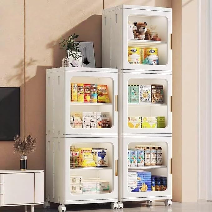 2 Layer Plastic Foldable Bathroom Storage Cabinet with Wheels | Quick Assembly,Magnetic Doors,Adjustable Shelves,Thin Cabinets for Narrow Spaces,Small Space Saver for Laundry Living Room