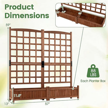 Giantex Wooden Raised Garden Bed with Trellis, Dual Large Planter Boxes for Climbing Plants Vegetables Flowers, Elevated Outdoor Planter w/Drainage Holes & Privacy Screen, Patio Backyard Decoration