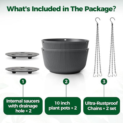 T4U 10 Inch Hanging Planters for Indoor Outdoor Plants, Hanging Plant Pot Pack of 2, Self Watering Hanging Pots with Drainage Hole & Plug & Chain with 3 Hooks for Garden Home Decor, Grey