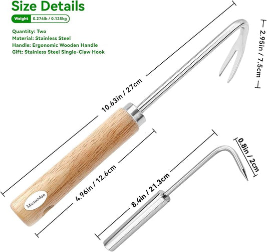 2 Pack Double Claw Root Hook Weeding Tool with Wooden Handle, Hand Weeder Tool for Garden Weed Removal, Manual Weed Puller for Deep Roots & Dandelions, Bonus Stainless Steel Single Claw Root Hook