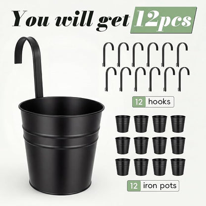 HowRU Hanging Flower Pots, Railing Planter Box for Outdoor Plants 12 Pack 5 Inch Metal Hanging Planters with Detachable Hooks Balcony Window Fence Garden Decoration Flower Boxes (Black)
