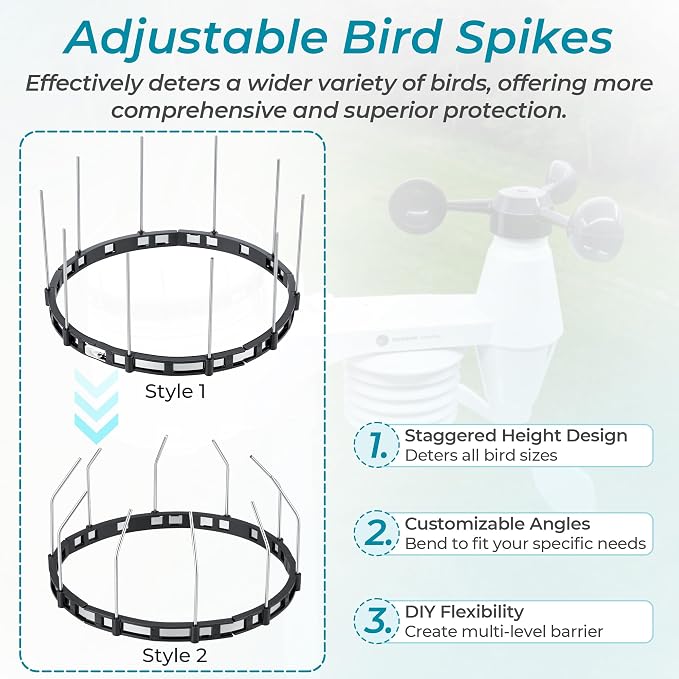 Bird Spikes Compatible with Ambient Weather WS-7078 & WS-7079, Adjustable Weather Station Bird Spike Kit with Stainless Steel Locking Ties and Wires for Rain Gauge Funnel Protection