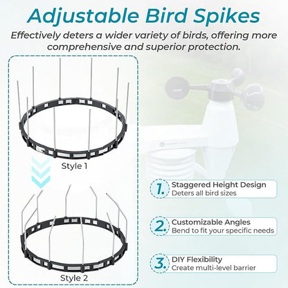 Bird Spikes Compatible with Ambient Weather WS-7078 & WS-7079, Adjustable Weather Station Bird Spike Kit with Stainless Steel Locking Ties and Wires for Rain Gauge Funnel Protection