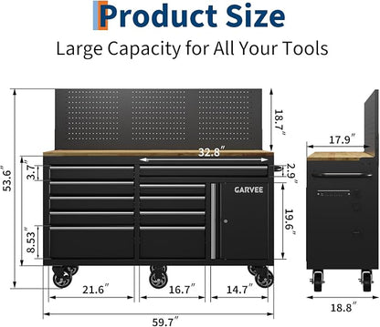 60 Inch Rolling Tool Chest Workbench, 10 Drawer Tool Box with Pegboard & Lock, Mobile Garage Tool Cabinet with Charging Station, Heavy Duty Workbench for Workshop, Black