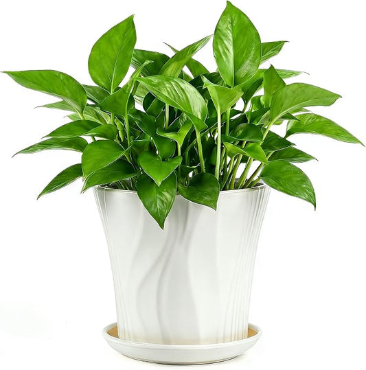 8.3 Inch Ceramic pots for Plants with Saucer Drainage Leak-Proof Mesh, Round Plant Pot with Gardening Gloves for Indoor Outdoor Plants (Rippled White)