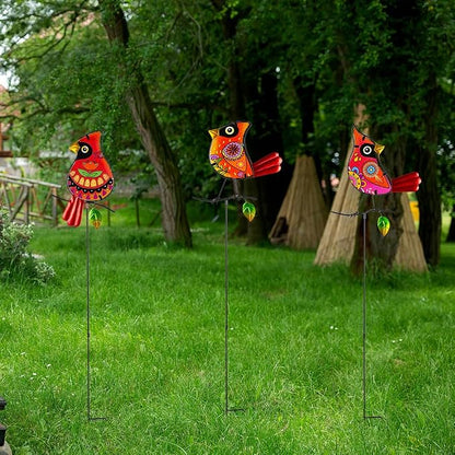 Decorative Garden Stakes,Set of 3 Cardinal Stained Glass Metal Yard Art,Waterproof Outdoor Decor Housewarming Present for Women Mom Grandma