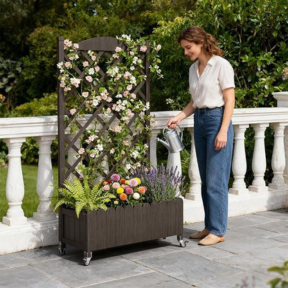 COMHOMA Planter Box with Trellis and Wheels, 48In Elevated Raised Garden Bed, Drainage Holes, Outdoor Lattice for Climbing Flowers, Vegetables, Patio Balcony, Brown