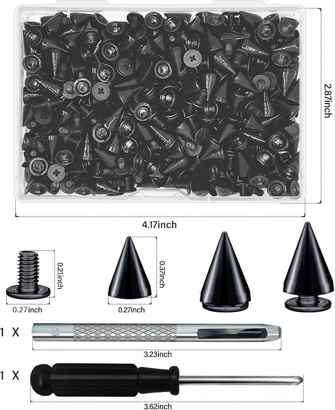 200 Sets 9.5mm Cone Spikes Metal Tree Spikes Screwback Studs for DIY Leathercraft Decoration Punk Rock Style Clothing Accessories (Black)
