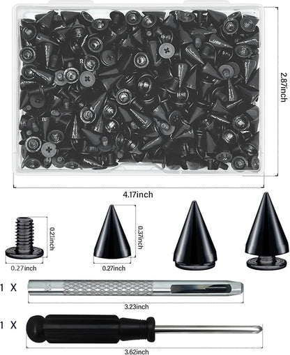 200 Sets 9.5mm Cone Spikes Metal Tree Spikes Screwback Studs for DIY Leathercraft Decoration Punk Rock Style Clothing Accessories (Black)