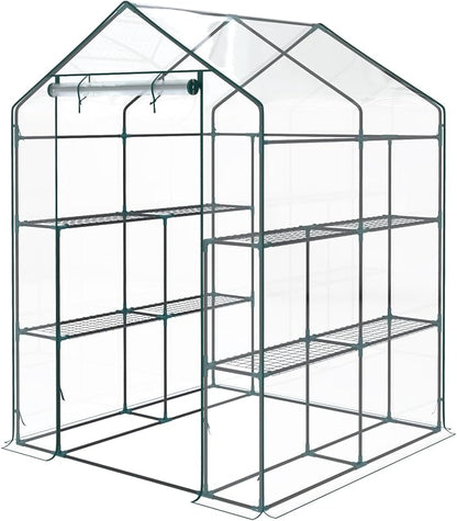 Sweetcrispy Greenhouse, Walk-in Portable Greenhouses with 2 Tier 8 Plant Shelves, Durable PVC Cover, Greenhouses for Garden Outdoor, Patio, Porch, Backyard Green Houses, Clear