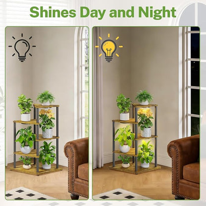 iDavosic.ly Tall Plant Stand with Grow Lights for Large & Heavy Duty Planters, 4 Tier Indoor Corner Flower Shelf with Wooden Trays & Metal Frame, Orchid Rack for Living Room Balcony, Black & Brown