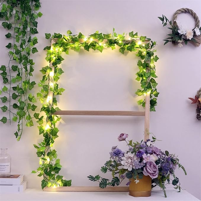 DEKEones 12 Packs Artificial Ivy, 84FT Garland Hanging Plants Fake Vines with 200 LED String Light for Bedroom Wedding Party Garden Wall Room Home Decor