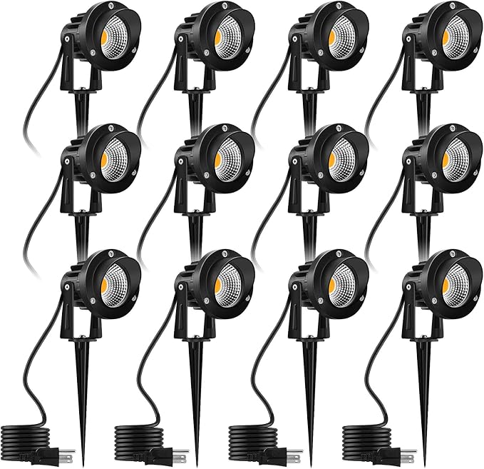 Romwish 12 Pack LED Landscape Spotlights, 120V Plug-in Outdoor Lighting | 12W 1200LM Brightness with 3000K Warm White, IP65 Waterproof, Adjustable head & 60° Beam for Tree Garden Pathway Yard