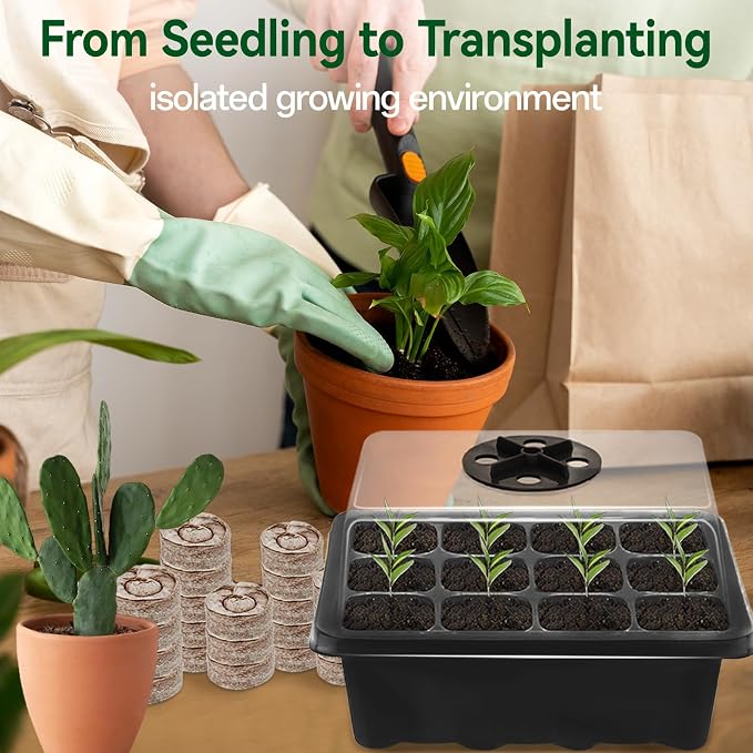 Halatool 4 Pack Seed Starter Tray with 50 PCS Peat Pellets, 48 Cells Black Seeding Starter Trays for Organic Seed Starter Soil Pods for Planting Vegetables Plants Flowers - Starting Seeds Kit