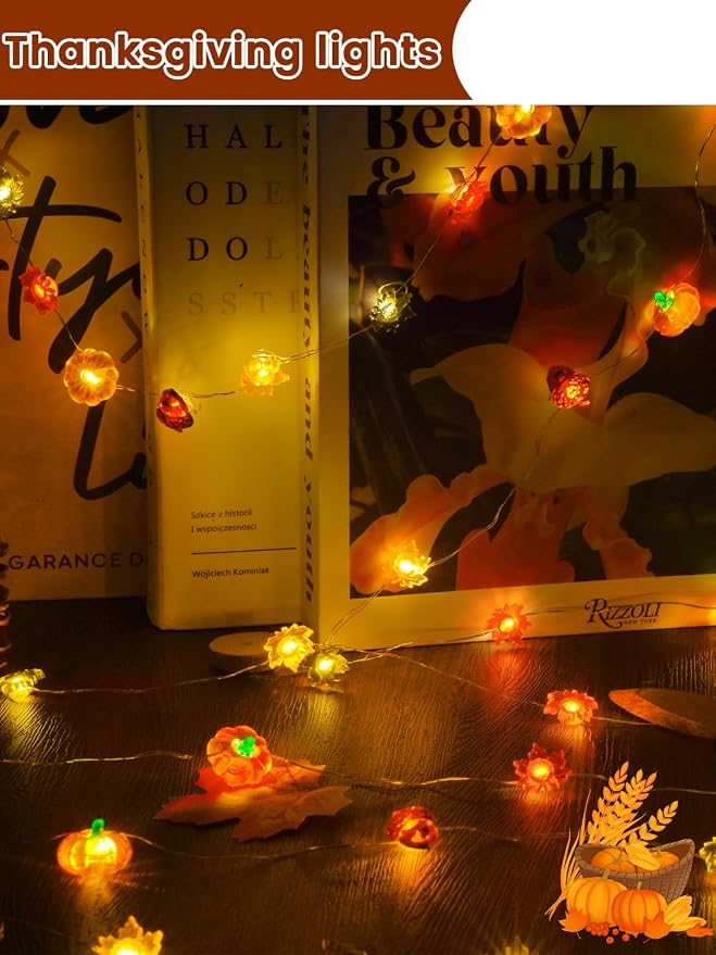 2 Pack 60LED Fall Decoration 3D Pumpkin Acorn Maple Leaf String Lights Battery Operated, 20FT Fall Lights with Remote, Waterproof 8 Modes Fairy Lights for Autumn Harvest Thanksgiving Halloween Decor