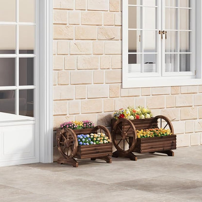 Wooden Wagon Planter Cute Garden Flower Pots Cart with wheels, Outdoor Decoration decor Indoor, Drainage hole, Garden decor for succulents herbs veggies for porch patio balcony (Carbonized, Medium)