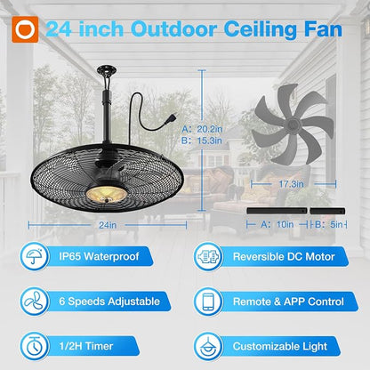 addlon Outdoor Ceiling Fan with Light for Patios, 24 inch Black Waterproof Gazebo Fan with Remote&APP Control, Reversible, Dimmable, Plug in Hook Mount Portable Fan for Garage Pergola Porch Canopy