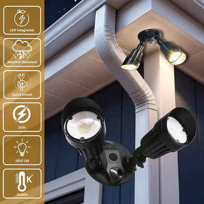 LED Black 2-Light Bullet Flood Light- 3000K Adjustable Dual Head Hardwired Outdoor Security Light, Waterproof Spot Light for Yard, Patio, Garden, Garage, Landscape & Exterior Walls