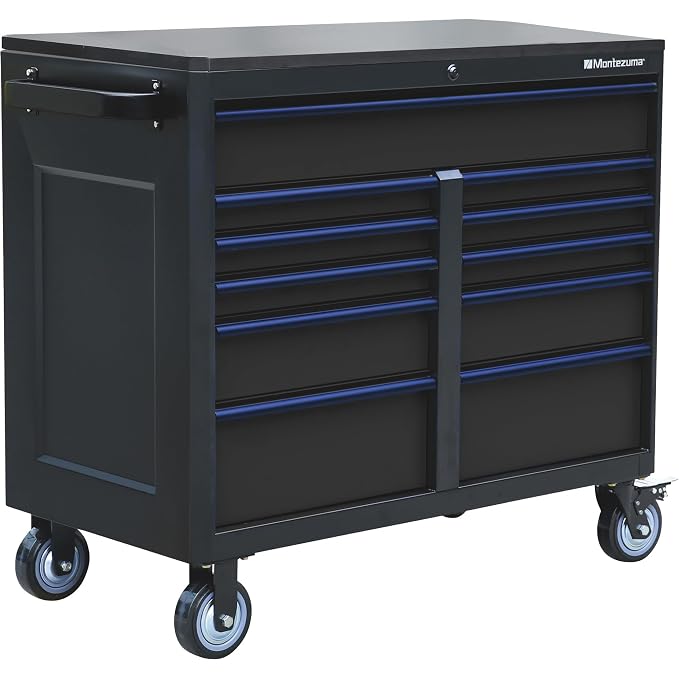 Montezuma Tool Box - 46" x24" 11 Drawer Rolling Tool Cabinet with Multiple Power Outlets & Black Powder Coat Finish - M462411TC
