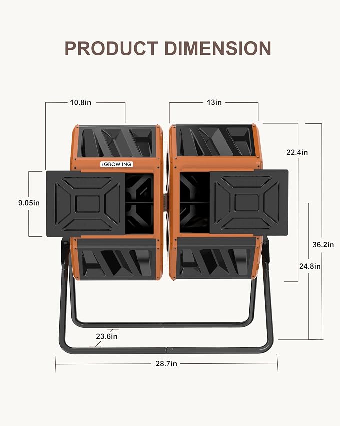 THE Growing 53 Gallon Large Outdoor Compost Bin Tumbler Barrel, Orange | Heavy duty dual 26.5gal sections for bulk yard waste. Reinforced frame adds stability. Easy bolt assembly without washers.