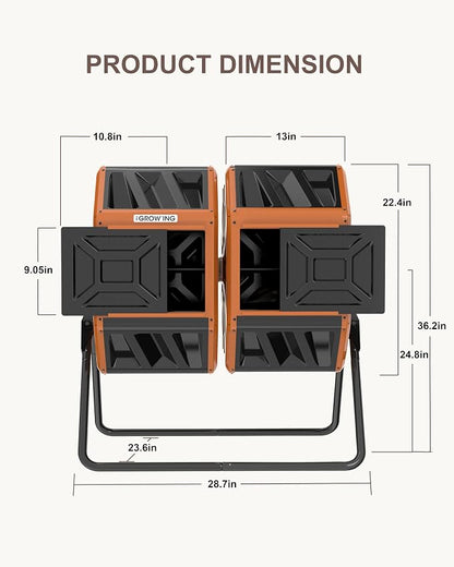 THE Growing 53 Gallon Large Outdoor Compost Bin Tumbler Barrel, Orange | Heavy duty dual 26.5gal sections for bulk yard waste. Reinforced frame adds stability. Easy bolt assembly without washers.