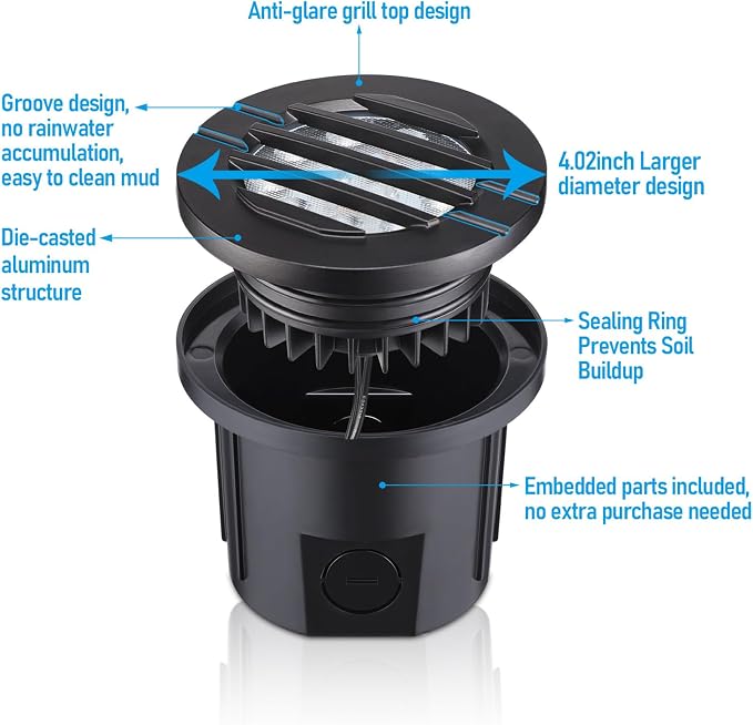 LEONLITE 6-Pack Dia. 4 Inch 5CCT Well Light Grated Top Black | 1800K/2700K/3500K/4000K/5000K, 12-24V AC/DC, CRI90, Landscape LED In Ground Outdoor, Low Voltage Garden Landscaping, Aluminum